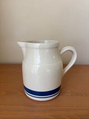 Vintage FP Ohio White Ceramic Pitcher with Blue Stripe Ceramic Farmhouse